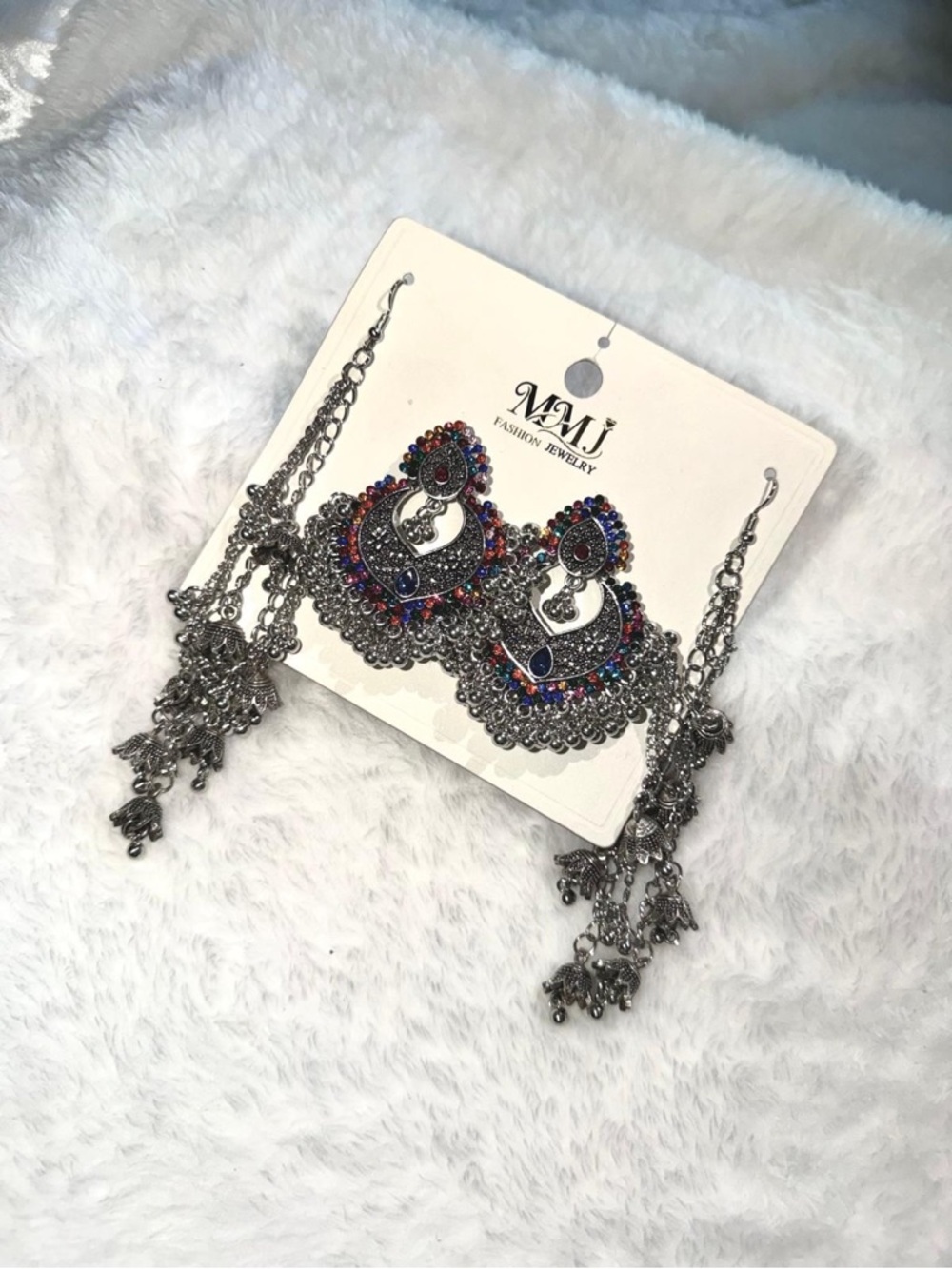 Multicolor Oxidized Silver Chandbali Earrings